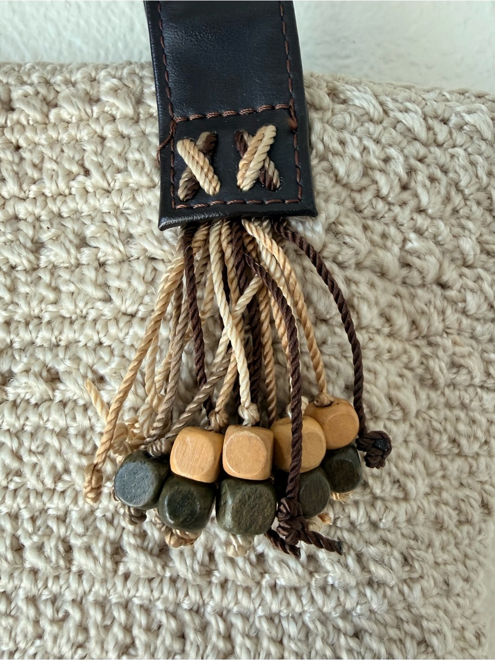 The Sak Vintage Crochet Boho Tote Bag - Cream Nylon String With Beaded Tassels - Picture 12 of 16